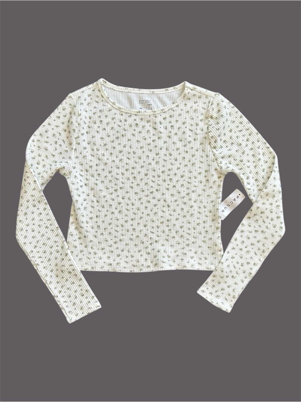 Est. PAC 1980 Floral Waffle Knit Long Sleeve Crop Top in Sage Floral Print - NWT